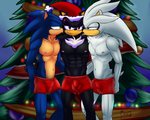 anthro black_body black_fur blue_body blue_fur bottomwear bulge christmas_tree clothing fur grey_body group holidays kissing licking male male/male muscular muscular_male plant shorts smile tongue tongue_out tree trio white_body white_fur dgemporium christmas sega sonic_the_hedgehog_(series) shadow_the_hedgehog silver_the_hedgehog sonic_the_hedgehog eulipotyphlan hedgehog mammal 5:4 hi_res