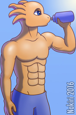 abs anthro blue_eyes bottle bottomwear clothing container day external_gills gills male muscular muscular_anthro muscular_male outside pants pecs simple_background sky solo sun water_bottle nakiri_(artist) amphibian aquatic axolotl mole_salamander salamander 2016