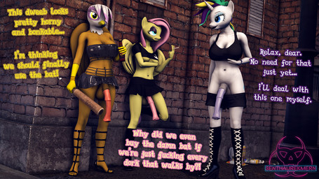 alternative_fashion animal_genitalia animal_penis anthro anthrofied bat_(object) beak boots breasts brown_body cigarette clothing equine_genitalia equine_penis feathered_wings feathers feet footwear genitals group gynomorph half-closed_eyes holding_object holding_weapon horn humanoid_feet intersex looking_at_viewer narrowed_eyes navel penis plantigrade profanity punk shoes text trio weapon white_body wings yellow_body yellow_eyes lovewood_studios friendship_is_magic hasbro my_little_pony mythology fluttershy_(mlp) gilda_(mlp) rarity_(mlp) avian equid equine gryphon mammal mythological_avian mythological_creature mythological_equine pegasus unicorn 16:9 3d_(artwork) digital_media_(artwork) english_text hi_res widescreen