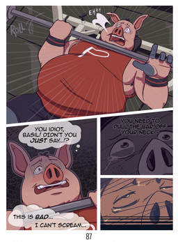 accident anthro asphyxiation barbell bodily_fluids bottomwear choking clothed clothed_anthro clothed_male clothing danger dialogue ear_piercing exercise eyebrows fur hair horn lying male near_death on_back overweight overweight_anthro overweight_male piercing pink_body pink_skin shirt shorts solo sweat tank_top tears teeth text thought_bubble topwear weightlifting workout mikrogoat basil_(mikrogoat) domestic_pig mammal suid suine sus_(pig) comic english_text hi_res url