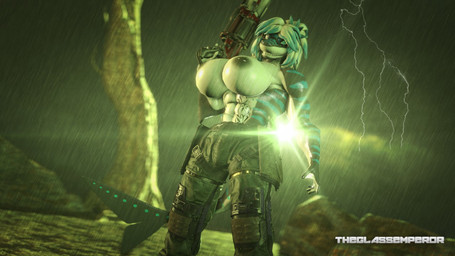 anthro big_breasts breasts clothed clothing countershading electricity female huge_breasts lightning looking_at_viewer muscular muscular_female non-mammal_breasts raining shark_tail solo topless weapon daglassman4797 nika_sharkeh aquatic fish shark 16:9 3d_(artwork) digital_media_(artwork) widescreen