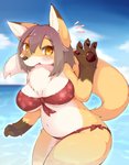 4_fingers anthro big_breasts bikini blush breasts brown_body brown_fur brown_hair brown_nose chest_tuft claws clothed clothing cloud cute_fangs day dipstick_ears dipstick_tail ear_markings emanata fangs female female_anthro fingers fluffy fur gesture gloves_(marking) hair kemono looking_at_viewer markings multicolored_body multicolored_ears multicolored_fur multicolored_tail navel open_mouth outside pawpads pupils sea short_hair sky slit_pupils snout snout_overhang solo swimwear tail tail_markings teeth tuft two-piece_swimsuit water waving white_body white_fur white_tail_tip yellow_body yellow_eyes yellow_fur shitsu_kushi-mono canid canine fox mammal 2021 digital_media_(artwork) hi_res portrait three-quarter_portrait