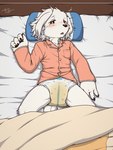 anthro bed bedwetting bodily_fluids clothed clothing diaper fur furniture genital_fluids kemono male solo topwear unclean_diaper urine used_diaper wearing_diaper wet_diaper wetness_indicator wetting white_body white_fur tsuchi_dash fuyuki_shirata canid canine canis domestic_dog mammal 3:4 hi_res