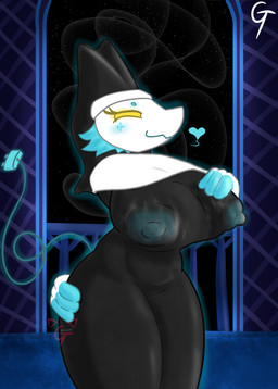 blue_hair blue_nipples blush breasts clothing ears_up female glowing glowing_nipples hair heart_symbol holding_breast holding_leg holding_thigh nipples nun nun_outfit plug sky smile smiling_at_viewer solo standing star starry_sky tail teasing teasing_viewer thick_thighs wet wet_clothing yellow_eyes gabegt deltarune undertale_(series) tasque_manager humanoid absurd_res hi_res