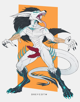 2_penises 4_eyes angry animal_genitalia animal_penis anthro athletic athletic_anthro athletic_male bandage bandaged_arm biceps black_hair blue_eyes branch canine_genitalia canine_penis claws erection fangs genitals hair long_ears long_hair looking_at_viewer male markings multi_eye multi_genitalia multi_penis muscular muscular_male muscular_thighs penis pose red_penis scales simple_background sketchy smile solo spikes spikes_(anatomy) tail teeth thorns tongue tongue_out vein white_body dreycothewyrm mythology hynvale_navayaghale_(hynvale) canid canine canis dragon hybrid mammal mythological_creature mythological_scalie scalie wolf hi_res