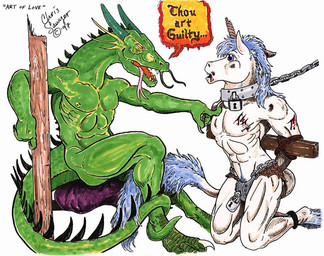 abs anthro bdsm blood blue_eyes blue_hair bodily_fluids bondage bound bruised chain chastity_belt chastity_device clothed clothing collar dialogue dominant dominant_male duo fangs forked_tongue fur green_body green_scales hair hands_behind_back horn kneeling lock long_hair male male/male muscular muscular_sub nude padlock padlocked_collar pecs phallic_chastity_device prehensile_tail restraints rope rope_bondage scales short_hair simple_background sitting submissive submissive_male tail tail_tuft teeth text tongue tongue_out topless tuft wearing_chastity_device white_background white_body white_fur wounded yellow_eyes chris_sawyer mythology equid equine mammal mythological_creature mythological_equine reptile scalie unicorn 1997 english_text marker_(artwork) mixed_media pen_(artwork) traditional_media_(artwork)