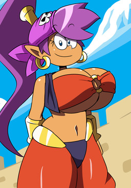 bandeau big_breasts bottomwear breasts castle_wall clothing detailed_background ear_piercing ear_ring female hair huge_breasts humanoid_pointy_ears kerchief midriff navel not_furry o-ring o-ring_top pants piercing pointy_ears ponytail purple_hair purple_kerchief red_bottomwear red_clothing red_pants ring_piercing sky small_waist smile solo style_emulation topwear orcaverde nickelodeon shantae_(series) the_loud_house wayforward shantae genie humanoid 2022 absurd_res hi_res portrait three-quarter_portrait