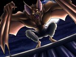 anthro barefoot bat_wings big_ears biped bottomwear brown_body brown_fur clothed clothing fangs feet front_view fur looking_at_viewer male membrane_(anatomy) membranous_wings moon night open_mouth pants pink_inner_ear pink_nose sky solo star starry_sky teeth tongue topless wings yellow_sclera redpyrocat batman_(series) dc_comics man-bat bat mammal 2022 digital_media_(artwork)