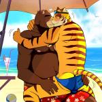 1:1 abs anthro beach bear bearlovestiger13 biceps blue_eyes blush bodily_fluids bottomwear brown_body brown_fur butt chest_tuft clothed clothing detailed_background duo eyebrows eyes_closed felid fur hand_on_butt heart_symbol juuichi_mikazuki kissing love male male/male mammal morenatsu muscular muscular_male nipples on_lap outside pantherine pecs pink_nose sand seaside shared_heart shorts sitting_on_lap summer sweat swimwear thick_eyebrows tiger topless torahiko_(morenatsu) tuft white_body white_fur