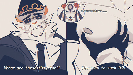 5_fingers anthro biped clothing duo eyewear fingers fur glasses male muscular muscular_anthro muscular_male pec_grab pecs text topwear vest wearing_glasses white_body white_fur yellow_eyes daru_80 dislyte lilith_games drew_(dislyte) jin_qiu_(dislyte) canid canine canis felid jackal mammal pantherine tiger 2025 absurd_res english_text hi_res