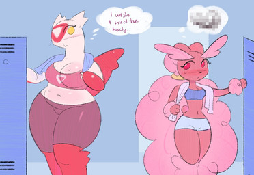 anthro big_breasts blue_clothing blue_topwear blush bodily_fluids bottomwear breasts brown_body brown_fur cleavage clothed clothing ears_as_hair eyelashes female female/female fur hair locker locker_room multicolored_body navel pink_clothing pink_eyes pink_hair pink_topwear red_body shorts size_difference slightly_chubby slightly_chubby_female slim_female solo sweat text thick_thighs thought_bubble tied_ears topwear towel towel_around_neck white_body white_bottomwear white_clothing white_shorts wide_hips yellow_eyes shgrcube i_wish_i_had_her_body nintendo pokemon generation_3_pokemon generation_4_pokemon latias legendary_pokemon lopunny pokemon_(species) shiny_pokemon censored