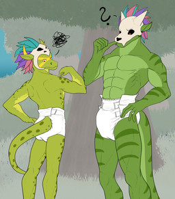 anthro bone bone_mask confusion diaper duo feathers forest forest_background grass grumpy half_naked male male/male mask muscular nature nature_background plant skull skull_mask tree lonegreenorcacalf terraria shimmered_witch_doctor witch_doctor_(terraria) lihzahrd lizard reptile scalie absurd_res hi_res