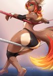 ahoge anthro athletic athletic_anthro athletic_female barefoot big_butt black_sclera breasts bubble_butt butt butt_focus butt_squish clothed clothing dipstick_tail embers feet female fighting_ring fire fur green_eyes hair looking_at_viewer looking_back low-angle_view markings pawpads paws pink_pawpads plantigrade simple_background sitting small_breasts smile soles solo squish tail tail_markings thick_thighs wide_hips wrestling_outfit kittellox_(artist) caradhina canid canine canis mammal wolf absurd_res digital_media_(artwork) hi_res