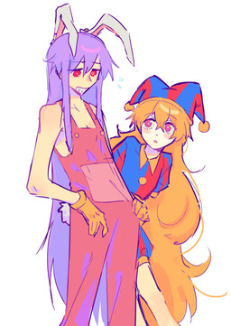 bodily_fluids clothed clothed_female clothed_human clothed_humanoid clothing cosplay crossover_cosplay duo female flying_sweatdrops fool's_hat gloves hair handwear hat headgear headwear long_hair orange_hair overalls pink_clothing pink_overalls purple_hair red_eyes simple_background sweat sweatdrop white_background yellow_clothing yellow_gloves yellow_handwear p2eocene glitch_productions the_amazing_digital_circus touhou clownpiece jax_(tadc) pomni_(tadc) reisen_udongein_inaba animal_humanoid human humanoid lagomorph lagomorph_humanoid leporid_humanoid mammal mammal_humanoid rabbit_humanoid 2023 crossover hi_res