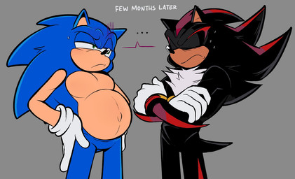 andromorph andromorph/male annoyed anthro bodily_fluids clothing duo frowning_at_another glare gloves hands_on_hips handwear intersex intersex/male male pregnant pregnant_andromorph pregnant_intersex standing sweat shaddycatz sega sonic_the_hedgehog_(series) shadow_the_hedgehog sonic_the_hedgehog eulipotyphlan hedgehog mammal