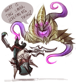 ambiguous_gender anthro armor axe clenched_teeth clothing duo feral floating fur hat headgear headwear holding_object holding_weapon leg_grab lifting_another looking_at_another male purple_eyes simple_background suit tail teeth tentacles text weapon white_background white_body white_fur yellow_eyes te4moon_(artist) league_of_legends riot_games tencent kled_(lol) vel'koz_(lol) mammal tentacle_creature void_monster yordle artist_name
