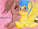 blue_hair blush brown_body brown_eyes brown_fur brown_hair duo eyes_closed eyewear feathered_wings feathers female feral fur glasses hair horn kissing wing_boner wings yellow_body yellow_fur the1king hasbro my_little_pony mythology fan_character equid equine mammal mythological_creature mythological_equine pegasus unicorn traditional_media_(artwork)