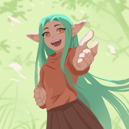blue_hair bottomwear brown_bottomwear brown_clothing brown_skirt clothing eyelashes female front_view glistening glistening_eyes hair humanoid_pointy_ears light_body light_skin long_hair not_furry open_mouth open_smile orange_eyes pointy_ears red_clothing red_topwear simple_background skirt smile solo topwear unsigned corzh77 elf humanoid 1:1 absurd_res hi_res
