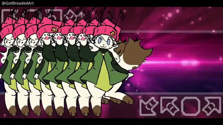 antennae_(anatomy) anthro beanie clothing detailed_background determined female fur green_clothing hair hat headgear headwear long_hair long_tail looking_at_viewer looking_back multiple_poses music pawpads pose pump_it_up_machine solo tail white_body white_fur gotbreaded pump_it_up 256_(gotbreaded) domestic_cat felid feline felis mammal 16:9 animated animation_meme digital_media_(artwork) long_playtime meme multiple_scenes sound webm widescreen