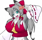 accessory anthro big_breasts blush bow_(feature) bow_accessory bow_ribbon breasts chest_tuft female fur green_eyes grey_body grey_fur grey_hair hair hair_accessory hair_bow hair_ribbon looking_at_viewer open_mouth ribbons simple_background solo tuft white_background white_body white_fur kurube domestic_cat felid feline felis mammal