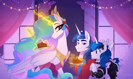 amethyst_(gem) armor black_eyeliner blue_eyes blue_mane cake clothed clothed_female clothed_feral clothed_male clothing crown cutlery dessert dress_blues eyebrow_through_mane eyebrows eyeliner feathered_wings feathers female feral folded_wings food fur gem glowing group hair headgear horn jewelry kitchen_utensils levitation light magic maid_uniform makeup male mane military_uniform multicolored_mane necklace peytral princess purple_eyes royalty slice_of_cake spoon tiara tools translucent translucent_hair trio uniform white_body white_fur whtie_wings wings thewandie friendship_is_magic hasbro my_little_pony mythology feathertrap_(oc) princess_celestia_(mlp) shining_armor_(mlp) equid equine mammal mythological_creature mythological_equine unicorn winged_unicorn 2025 5:3 colored digital_media_(artwork) hi_res lighting