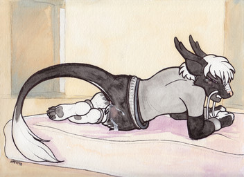 anthro bodily_fluids claws clothed clothing cum genital_fluids hair looking_at_viewer lying male mattress on_side partially_clothed pawpads rear_view solo tail tail_tuft tuft kaputotter mythology krauti_mercedes dragon eastern_dragon mythological_creature mythological_scalie scalie 2013