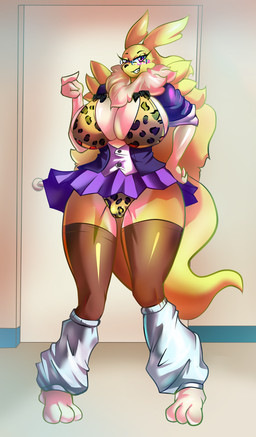 alternative_fashion ankle_warmers anthro arm_tuft big_breasts black_clothing black_legwear black_nose black_stockings blonde_hair blue_bottomwear blue_clothing blue_eyes blue_markings blue_skirt bottomwear breasts camel_toe clothed clothing countershade_torso countershading digitigrade eye_markings eyebrows eyewear female front_view fur glasses grin gyaru hair j-fashion legwear long_hair looking_at_viewer markings multicolored_body multicolored_fur neck_tuft panties rectangular_glasses shoulder_tuft skimpy skirt smile solo standing stockings teeth thigh_highs tuft two_tone_body two_tone_fur underwear wearing_glasses white_body white_countershading white_fur yellow_body yellow_fur anonidramon bandai_namco digimon lena_(anonidramon) canid digimon_(species) mammal renamon digital_media_(artwork) hi_res