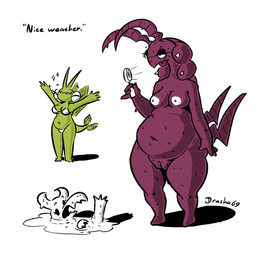 agony ambiguous_gender anthro belly bikini bodily_fluids breasts clothing eyelashes eyeshadow female genitals group horn makeup melting navel nipples nude open_mouth overweight plump_labia simple_background smile sweat sweatdrop swimwear tail text thick_thighs trio two-piece_swimsuit vulva white_body wide_hips wings drasha69 mythology nintendo pokemon dragon generation_3_pokemon generation_5_pokemon hybrid mythological_creature mythological_scalie pokemon_(species) scalie scolipede vibrava hi_res sketch