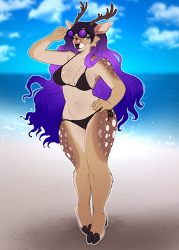 anthro antlers beach big_breasts bikini bikini_bottom bikini_top breasts clothing eyewear eyewear_on_head female hair hooves horn long_hair looking_at_viewer sunglasses sunglasses_lift sunglasses_on_head swimwear two-piece_swimsuit wearing_sunglasses ajna deer mammal hi_res