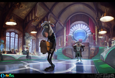 accessory angry anthro belt black_body black_clothing bottomwear chair clothing computer detailed_background electronics female furniture group holding_cardboard_box horn inside lamp low-angle_view male necktie pants stairs standing surprised tail text walking window tommy_kinnerup bovid caprine mammal sheep absurd_res concept_art digital_media_(artwork) english_text hi_res