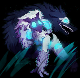 anthro duo fluffy glowing hair long_hair mask sharp_teeth teeth wearing_mask crownedvictory league_of_legends riot_games tencent kindred_(lol) lamb_(lol) wolf_(lol) bovid canid canine canis caprine ghost mammal sheep spirit wolf 2019 hi_res