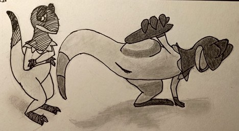 animal_genitalia crossed_arms eyes_closed feet foot_grab genital_slit genitals half-closed_eyes happy looking_away narrowed_eyes open_mouth open_smile penis presenting presenting_penis shadow smile standing tail uncertain jaxfera nintendo pokemon generation_6_pokemon heliolisk pokemon_(species) absurd_res hatching_(art) hi_res monochrome shaded sketch sketch_page traditional_media_(artwork)