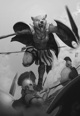 anthro armor battle breasts cleavage clothed clothing fangs female glowing glowing_eyes group headgear helmet holding_melee_weapon holding_object holding_shield holding_sword holding_weapon light male melee_weapon open_mouth outside shield snarling solo_focus sword teeth tongue trio weapon ipoke canid canine canis human mammal wolf 2021 greyscale hi_res lighting monochrome shaded