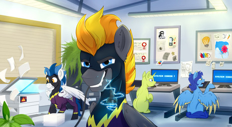 bald computer electricity electronics feral group horn looking_at_viewer male office printer wings rutkotka friendship_is_magic hasbro my_little_pony mythology blaze_(l4m3ness) fan_character helmie_(helmie_art) klara_(klarapl) shadowbolts_(mlp) whirlwind_flux_(character) equid equine mammal mythological_creature mythological_equine pegasus unicorn absurd_res hi_res