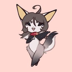 ahoge big_ears black_body black_fur brown_body brown_fur brown_hair chibi collar eyes_closed female fluffy fluffy_tail freckles fur hair open_mouth small_wings solo tail wings sugarbandit 1:1 low_res