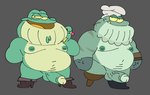 anthro belly big_belly chef_hat clothing duo green_body hat headgear headwear male moobs nipples nude overweight overweight_male simple_background posduroo amphibia_(series) disney mayor_toadstool stumpy_stumpson amphibian frog 2022