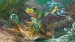 anthro bubble elemental_manipulation female green_body green_skin leaf leaf_clothing log narrowed_eyes open_book solo water water_manipulation wood andrea_piparo hasbro magic:_the_gathering wizards_of_the_coast helga_(bloomburrow) amphibian frog hi_res