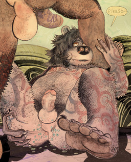 anthro anus backsack ball_size_difference balls begging belly_hair body_hair breasts chest_tattoo duo erect_nipples erection faceless_character faceless_male feet genitals gynomorph hand_tattoo imminent_sex intersex leg_tattoo lying male nipples nude nude_anthro on_back penis penis_size_difference perineum presenting small_breasts solo_focus speech_bubble spread_legs spreading tattoo text thigh_tattoo toes vein veiny_penis throatspit bear mammal 2026 english_text hi_res trans_(lore) trans_woman_(lore)