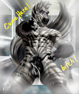 anthro balls barazoku bath genitals male muscular muscular_male nude penis steam text soyanum equid equine mammal zebra 2023 hi_res