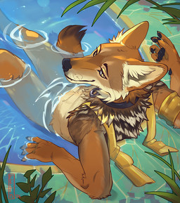 anthro armlet brown_body brown_fur claws collar finger_claws fur high-angle_view inner_ear_fluff looking_at_viewer looking_back looking_back_at_viewer male mostly_nude partially_submerged plant reclining solo swimming_pool tail text tuft water whiskers yellow_eyes felfi kojote canid canine canis coyote mammal 2026 artist_name digital_media_(artwork)