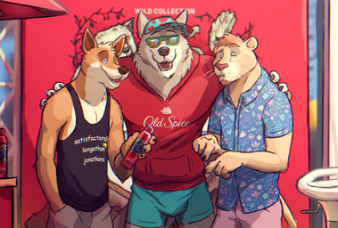 anthro arm_around_shoulders baseball_cap bottomwear clothing collared_shirt eyebrows eyewear gesture group hand_gesture hat headgear headwear hoodie looking_at_viewer male mascot pointing raised_eyebrow shirt shorts standing sunglasses tail tank_top text topwear trio whiskers paintfox old_spice daniel_(paintfox) darrel_(paintfox) wolfthorn_(old_spice) canid canine canis dingo felid lion mammal pantherine wolf 2023 english_text hi_res