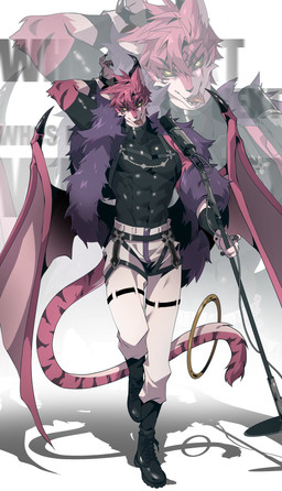 abs anthro clothed clothing fully_clothed latex male muscular pink_body solo wings unknown_artist canid canine canis demon mammal wolf hi_res
