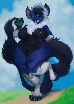 anthro big_breasts blue_body blue_eyes blue_fur breasts chest_tuft curvy_figure digitigrade fangs featureless_breasts female fluffy fluffy_tail fur hair hand_on_hip inner_ear_fluff looking_at_viewer navel neck_tuft nude open_mouth outside slightly_chubby smile tail teeth thick_thighs tuft voluptuous walking wide_hips mighty-whydah felid feline mammal 2025 digital_media_(artwork) digital_painting_(artwork) hi_res painting_(artwork)