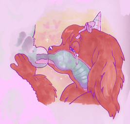 animal_genitalia anthro bodily_fluids bow_(feature) bow_ribbon deep_throat duo fellatio female genitals horn internal knot knot_in_mouth male oral oral_penetration penetration penile sex sheath tears throat tongue_in_sheath unicorn_horn tumble0 canid canine mammal hi_res