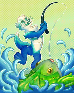 ambiguous_gender anthro blue_body blue_fur duo exaggerated_mastectomy_scar eyebrow_slit eyebrows featureless_crotch feral fin fishing fishing_rod fur green_body green_eyebrows green_nose green_scales green_whiskers holding_fishing_rod holding_object male mastectomy_scar nude open_mouth open_smile scales scar smile teal_body teal_eyes teal_fur teal_scar water whiskers white_body white_fur yellow_eyes capegloam stardew_valley hybrid legend_(stardew_valley) mammal mustelid otter river_otter sea_otter 2022 4:5 absurd_res clip_studio_paint_(artwork) digital_drawing_(artwork) digital_media_(artwork) hi_res shaded nonbinary_(lore)