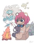 anthro armor blush campfire candy claws cooking dessert duo eyewear food fur goggles grin hair headgear helmet male marshmallow pink_hair sharp_teeth sitting smile stitch_(sewing) teeth white_body white_fur mkz_dg bandai_namco digimon digimon_(species) felid lion ludomon mammal pantherine spadamon 3:4