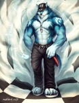 2013 4_toes abs abstract_background anthro belt biceps big_muscles black_nose blue_fur body_markings boxers canine claws clothed clothing cyan_fur detailed dog_tags eyewear footwear front front_view frown fur glasses hair hat looking_at_viewer male mammal markings muscles null-ghost pants pecs pose sandals solo standing tag toe_claws toned topless underwear white_fur wolf yellow_eyes
Rating: Safe
Score: 9
User: Grinard
Date: April 13, 2013