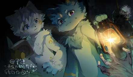 anthro biped blue_body blue_eyes blue_fur duo duo_focus fur green_body green_fur group kemono lamp lantern male nude_anthro nude_male pink_eyes safe_nudity slim_anthro slim_male white_body white_fur zibao999 canid canine fox mammal monster 2024 hi_res