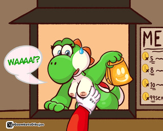 anthro blue_eyes breasts clothed clothing duo female first_person_view genitals gloves green_body handwear human_pov pov_hands short_tail simple_background solo_focus speech_bubble tail text vulva goombato_dibujos mario_bros mario_kart mario_kart_world nintendo esmeralda_(gbtod) mario yoshi_(character) yoshi_(food_slinger) green_yoshi human mammal yoshi hi_res