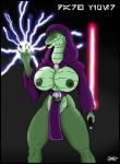 anthro big_breasts bottomwear breasts clothed clothing electricity female holding_object holding_weapon hood lightning lightsaber loincloth looking_at_viewer melee_weapon nipples non-mammal_breasts red_lightsaber reverse_grip simple_background solo text tongue tongue_out topless weapon skianous star_wars darth_viper reptile scalie snake viper 2018 aurebesh_text character_cipher colored hi_res shaded